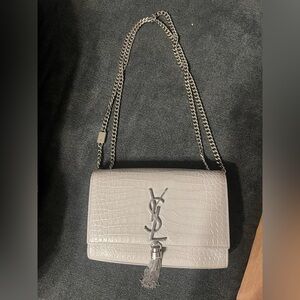 Saint Laurent Grey Crocodile-Embossed Leather Medium Cassandre Tassel Bag